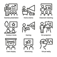 Fototapeta premium Projector Icon Set. Outline icon set of projector usage scenarios: business presentation, home cinema, classroom teaching, outdoor