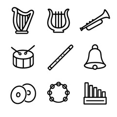 Fototapeta premium Psalm Instrument Icons. Outline icon set of psalm instruments in worship: harp, lyre, trumpet, drum, flute, bell, cymbals,