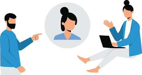 Diverse team collaborating remotely with a laptop a woman with long hair and a man pointing representing teamwork technology and communication in a modern office setting