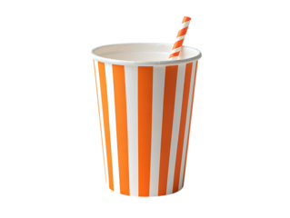 Orange and white striped paper cup with straw isolated on transparent background