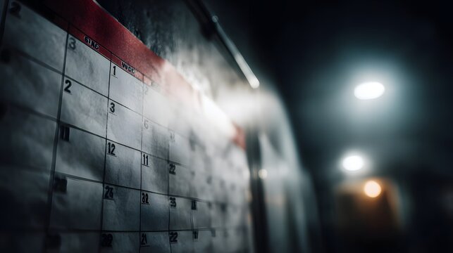 A social media content calendar on a wall mounted board  long title A social media content calendar displayed on a dimly lit wall mounted