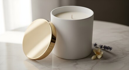 Luxury Scented Candle in Matte White Ceramic Jar with Gold Lid &ndash; Minimalist Elegant Product Photography on Marble Surface
