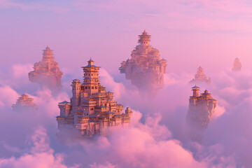 Obraz premium Mystical floating Asian-style towers above pastel pink clouds at sunrise, glowing fantasy architecture suspended in sky, surreal dreamcore utopia landscape illustration with ethereal lighting