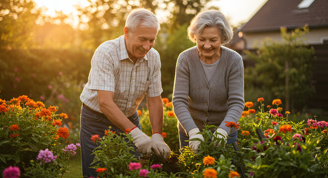 Senior couple gardening flowers happy retirement lifestyle garden care together outdoors flowerbed activity sunlight