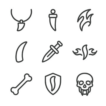 Fang Tool Icons. Outline icon set of fang-related tools and symbols: fang necklace, fang pendant, tribal fang, fang claw, fang