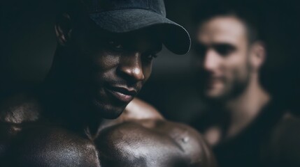 Personal trainer guiding a bodybuilder client during an intense workout session