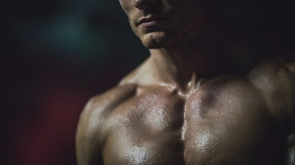 Muscular male competitor preparing for a bodybuilding show with intense lighting and focused expression