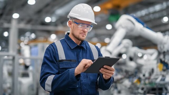 Technicians use tablets to program industrial robots for synchronized assembly tasks under bright, energy-efficient lighting.