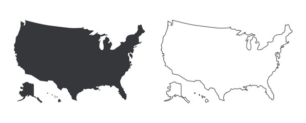 Bundle of USA map icons : outline and solid black styles, United States Of America infographics, education, and location-based design projects.