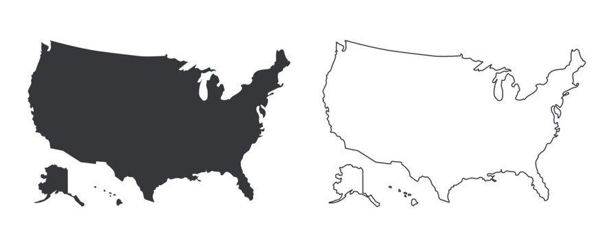 Bundle of USA map icons : outline and solid black styles, United States Of America infographics, education, and location-based design projects.