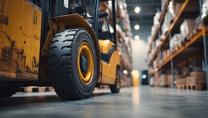 Forklift loader. Pallet stacker truck equipment at warehouse