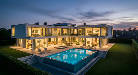 Modern luxury home with swimming pool and garden at dusk showcasing architecture and real estate design