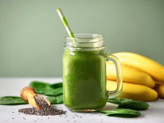 Green detox smoothie with spinach, banana, and chia seeds in glass jar &ndash; minimal background