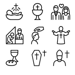 Fototapeta premium Religious Ceremony Icons. Outline icon set of religious ceremonies: baptism, communion, wedding, confession, anointing, blessing,