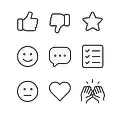 Feedback Icons Collection. Outline icon set of interface user feedback: thumbs up, thumbs down, star rating, smiley face, comment