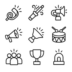 Obraz premium Festival Icon Set. Outline icon set of festive siren effects: party horn siren, celebration whistle siren, carnival trumpet alert,