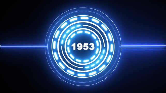 1953 text with screen effects of technological failures. Concept of counting years. Past year technology concept on black background. 4k video animation