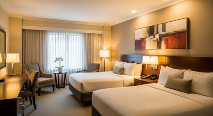 Comfortable hotel room with two beds and neutral decor, relaxing space