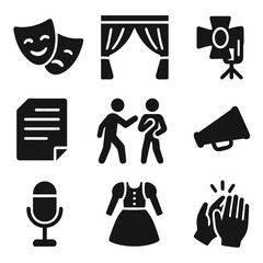 Theatrical Arts Icons. Solid, filled icons set of theatrical arts: drama mask, stage curtains, spotlight,