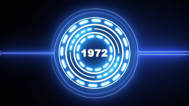 1972 text with screen effects of technological failures. Concept of counting years. Past year technology concept on black background. 4k video animation