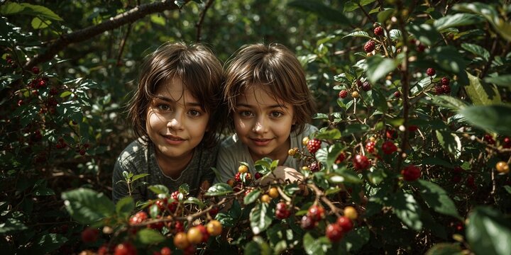 Two young children peering through a berry bush with red and yellow berries in a natural setting