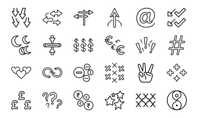 Minimalist Black Line Symbol Icons Bundle – Currency, Arrows, Social, Love, Checkmarks, Peace, Hashtag, Moon, Star, Plus Minus, People & Abstract Shapes in Silhouettes Style on White Background

