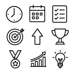 Time Management Icons. Outline icon set of time management and goal achievement: clock, calendar, checklist,