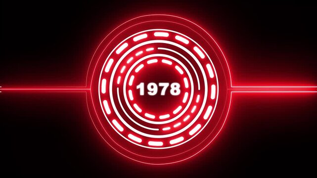 1978 text with screen effects of technological failures. Concept of counting years. Past year technology concept on black background. 4k video animation