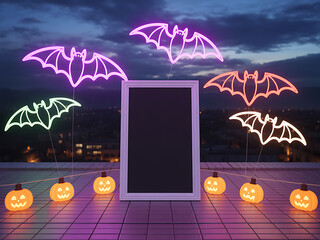 Neon bat silhouettes and jack o lanterns create a spooky halloween scene with a blank frame