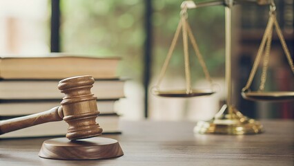 Wooden judge gavel on table with blurred justice scales in the background, law books nearby, moody lighting, legal concept, courtroom realism

