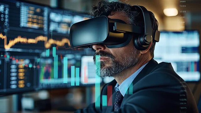 Businessman wearing VR headset in front of multiple computer screens displaying financial data. - Powered by Adobe