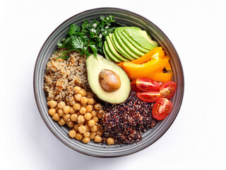 Colorful vegan bowl with quinoa, avocado, and fresh vegetables &ndash; top view
