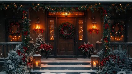 Christmas wreath garland red berries lights snow wooden door lantern holiday decoration winter porch entrance glowing lamps festive plants warm holiday atmosphere festive season celebration - Powered by Adobe