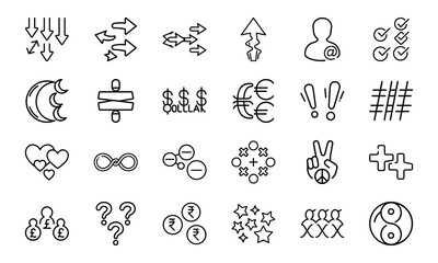 Minimalist Black Line Symbol Icons Bundle – Currency, Arrows, Social, Love, Checkmarks, Peace, Hashtag, Moon, Star, Plus Minus, People & Abstract Shapes in Silhouettes Style on White Background

