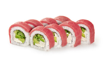 Philadelphia sushi roll with tuna and avocado showing filling ingredients on white background