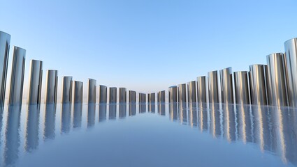 Abstract Reflection: Rows of Cylinders in Serene Blue Water