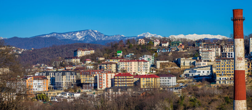 Panoramic view on Bytkha microdistrict in Sochi, Russia. Residential apartment buildings on the mountainside