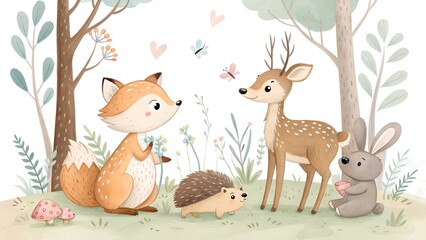 cute baby fox deer animal nursery rabbit and bear