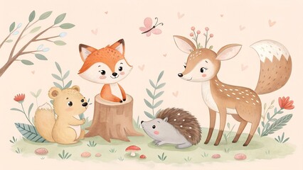 cute baby fox deer animal nursery rabbit and bear