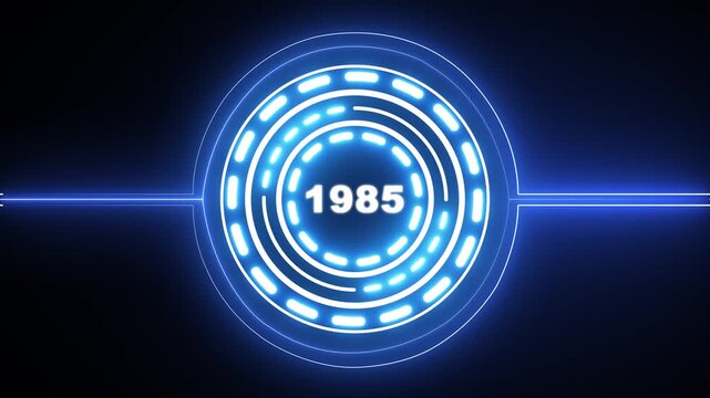 1985 text with screen effects of technological failures. Concept of counting years. Past year technology concept on black background. 4k video animation