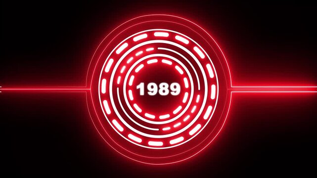 1989 text with screen effects of technological failures. Concept of counting years. Past year technology concept on black background. 4k video animation