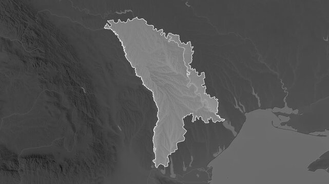 Moldova on the map. Zoom and highlight of the area on a grayscale map.