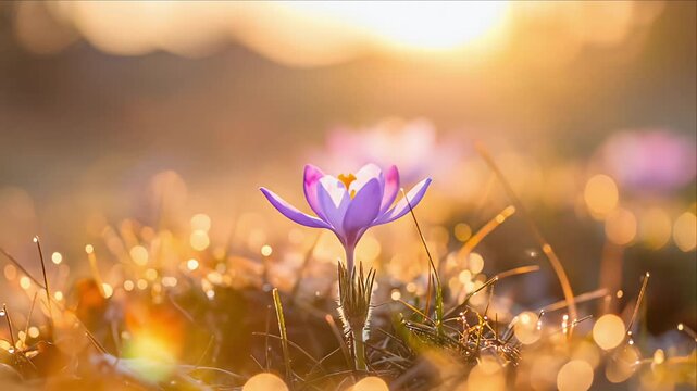 Purple crocus bloom sunrise