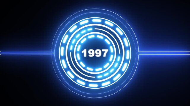 1997 text with screen effects of technological failures. Concept of counting years. Past year technology concept on black background. 4k video animation