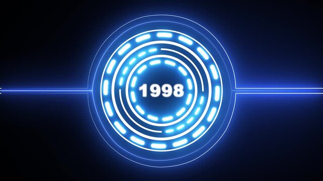 1998 text with screen effects of technological failures. Concept of counting years. Past year technology concept on black background. 4k video animation