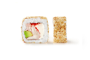 California uramaki roll with sesame seeds showing filling ingredients on white background