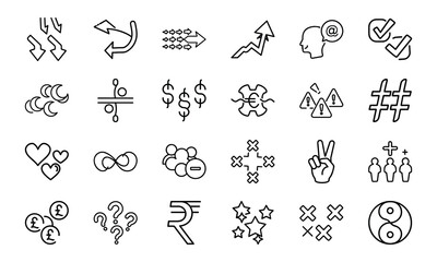 Minimalist Black Line Symbol Icons Bundle – Currency, Arrows, Social, Love, Checkmarks, Peace, Hashtag, Moon, Star, Plus Minus, People & Abstract Shapes in Silhouettes Style on White Background

