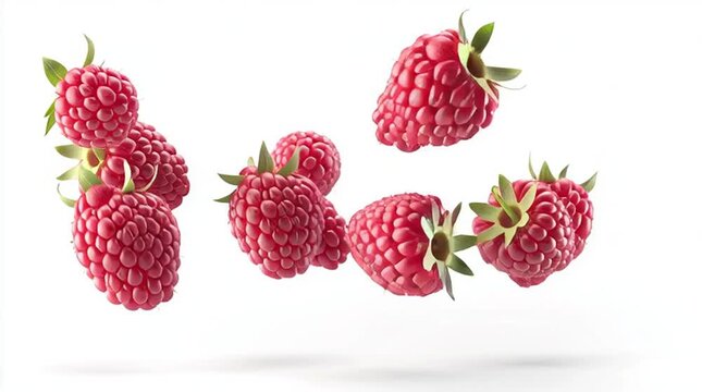 Flying raspberries isolated on white background