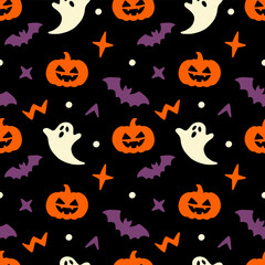 Halloween seamless pattern with scattered playful elements like ghosts, pumpkins, bats, and stars. Spooky yet fun minimalist colorful design, perfect for holiday decor, fabrics, and backgrounds
