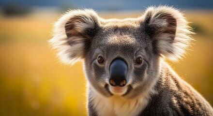 Obraz premium A closeup of a koala and looking into camera behind view of grass land